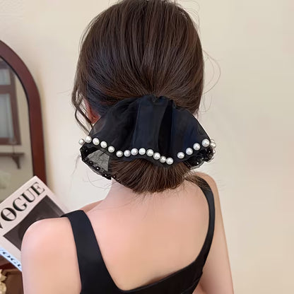 2 Pcs Luxury Leaf Edge Hair Ring | Imitation Pearl Black and White scrunchies
