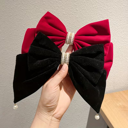 Black And Red Velvet Oversized Bow Imitation Pearl Pendant Spring Clip Hairpin for Women.