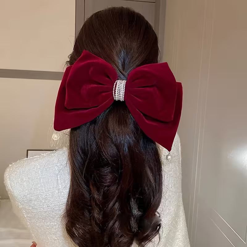 Black And Red Velvet Oversized Bow Imitation Pearl Pendant Spring Clip Hairpin for Women.