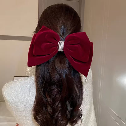 Black And Red Velvet Oversized Bow Imitation Pearl Pendant Spring Clip Hairpin for Women.