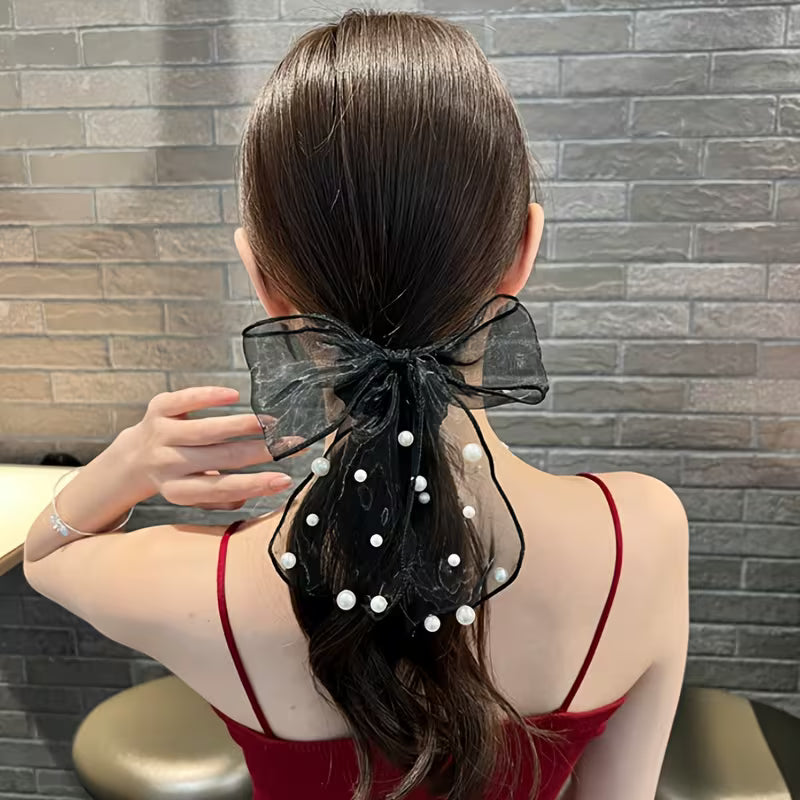 Single Elegant Lace Bow & Imitation Pearl Hair Scrunchie for girls.