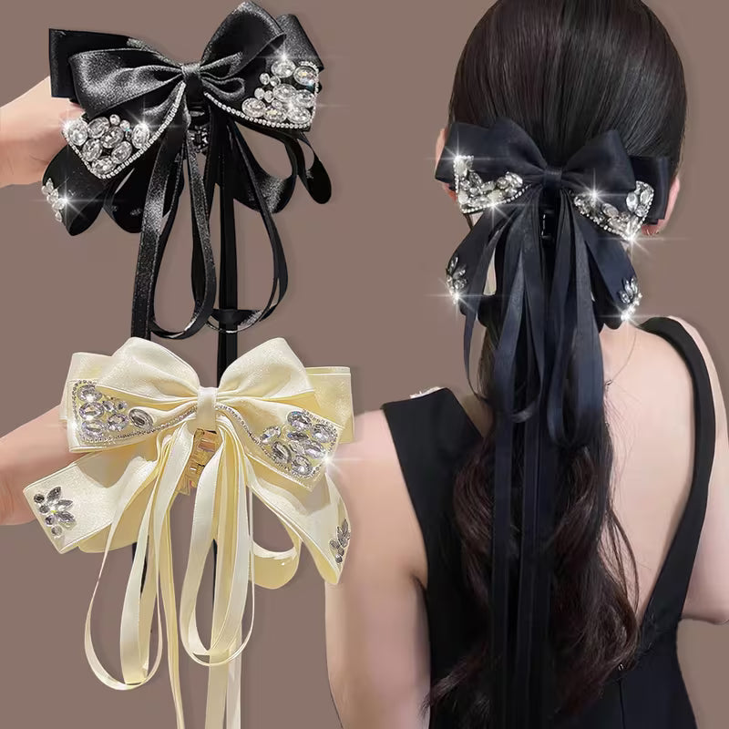 1pc Elegant Rhinestone & Tassel Bow Hair Clip.