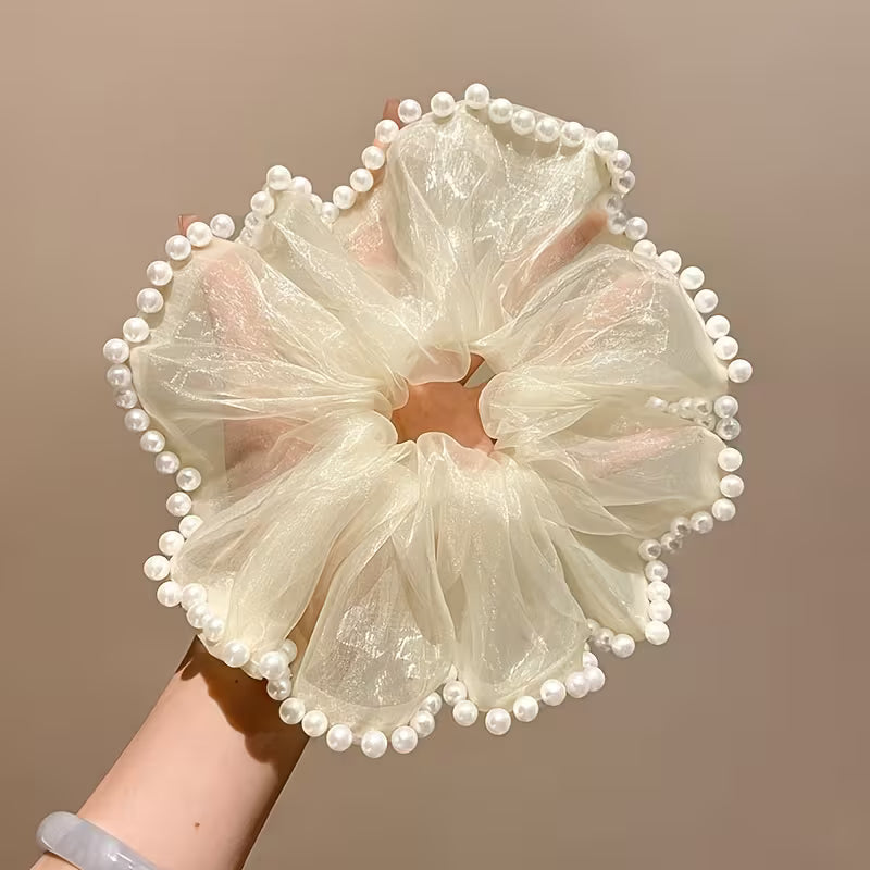 2 Pcs Luxury Leaf Edge Hair Ring | Imitation Pearl Black and White scrunchies