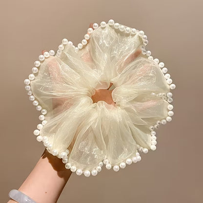 2 Pcs Luxury Leaf Edge Hair Ring | Imitation Pearl Black and White scrunchies