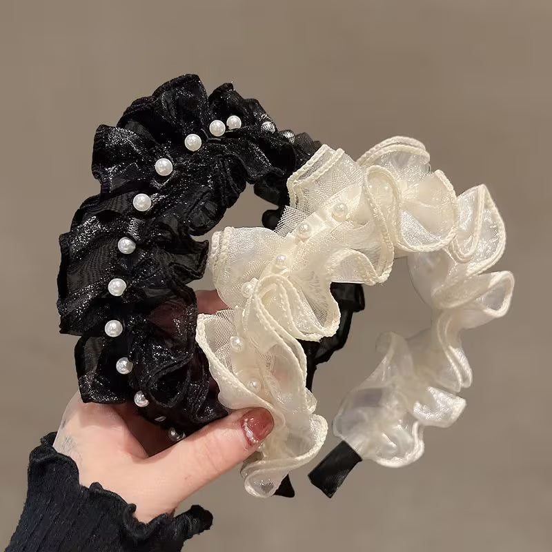 2pcs Elegant High Crown Hairband with Layered Mesh Detail.