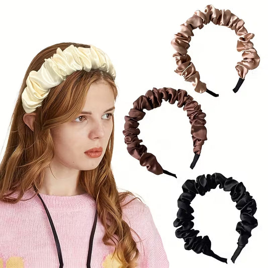 1pc solid color satin simple pleated headband.