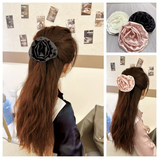 Set of 3 Rose Hair Additions, Satin Flower Hair Scrunchies.
