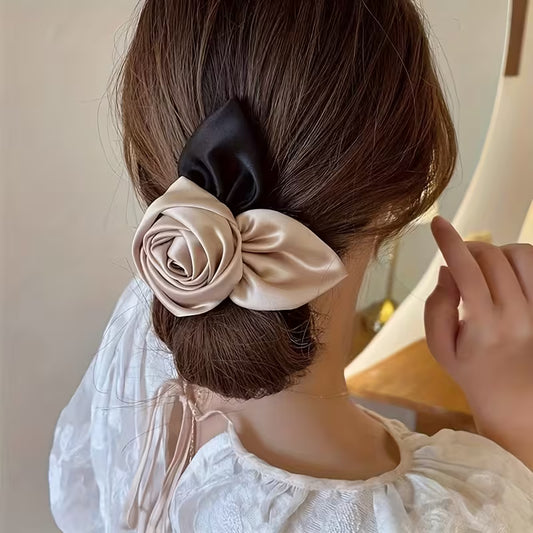 Single Elegant Satin Bow Rose Hair Clip.