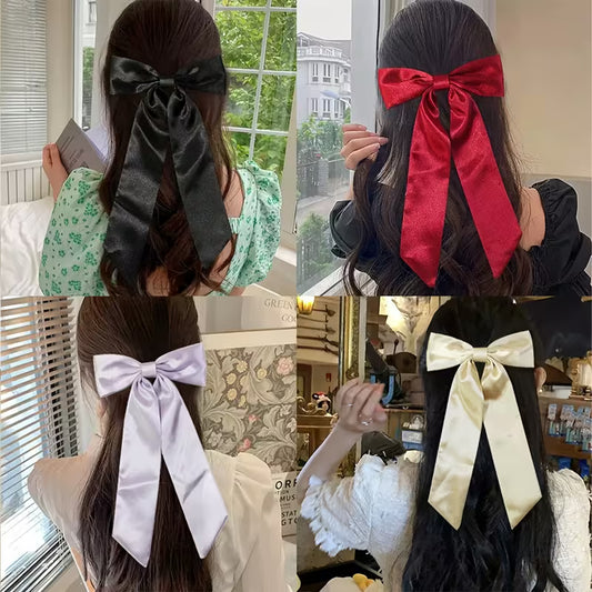 4PCS Elegant Solid-color SILK Bow Hair Clip Set for girls .