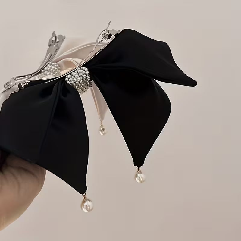 French-Style Vintage Bow & Imitation Pearl Hair Clip.