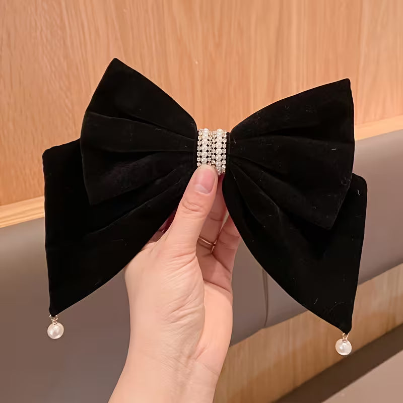 Black And Red Velvet Oversized Bow Imitation Pearl Pendant Spring Clip Hairpin for Women.