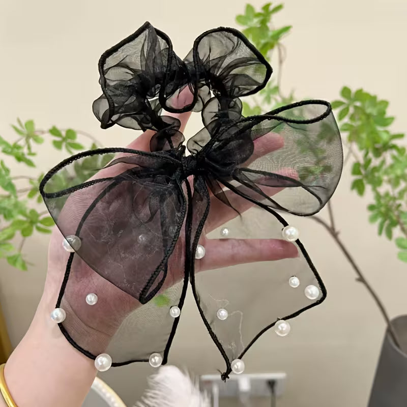 Single Elegant Lace Bow & Imitation Pearl Hair Scrunchie for girls.