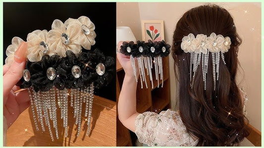 Flower Hair Clip With Rhinestone Chain.