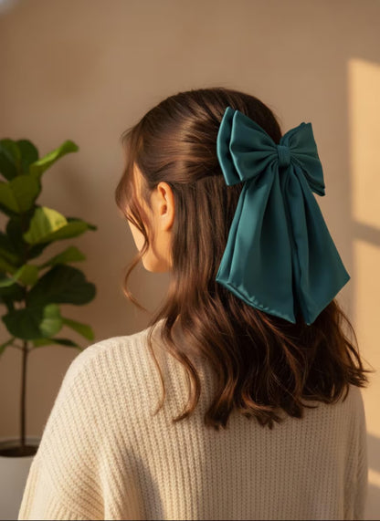 Satin Hair Bow Clip, French Barrette, Long Tail.