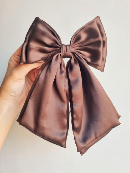 Satin Hair Bow Clip, French Barrette, Long Tail.