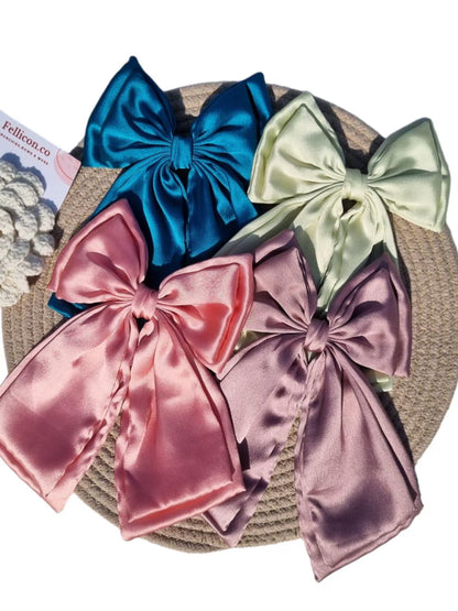 Satin Hair Bow Clip, French Barrette, Long Tail.