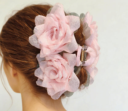 Rose Hair Claw, Handmade Double Flower Hair Clip.