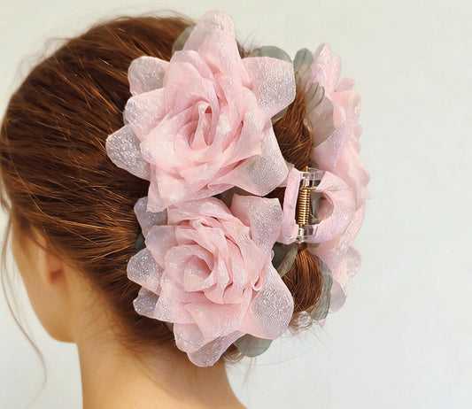 Rose Hair Claw, Handmade Double Flower Hair Clip.