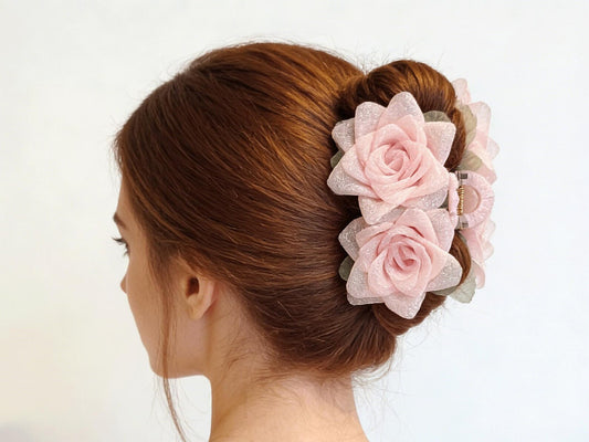 Rose Hair Claw, Handmade Double Flower Hair Clip.