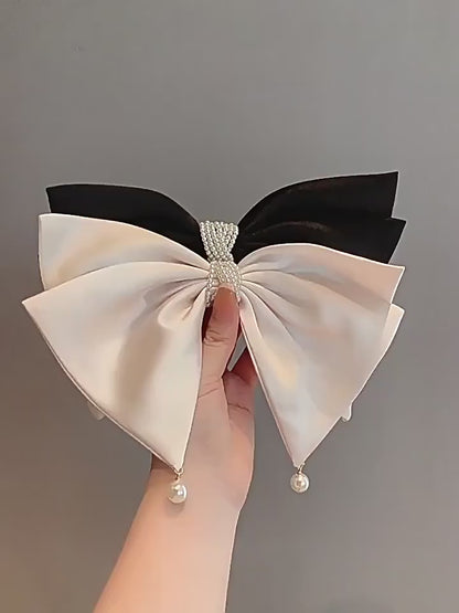 French-Style Vintage Bow & Imitation Pearl Hair Clip.